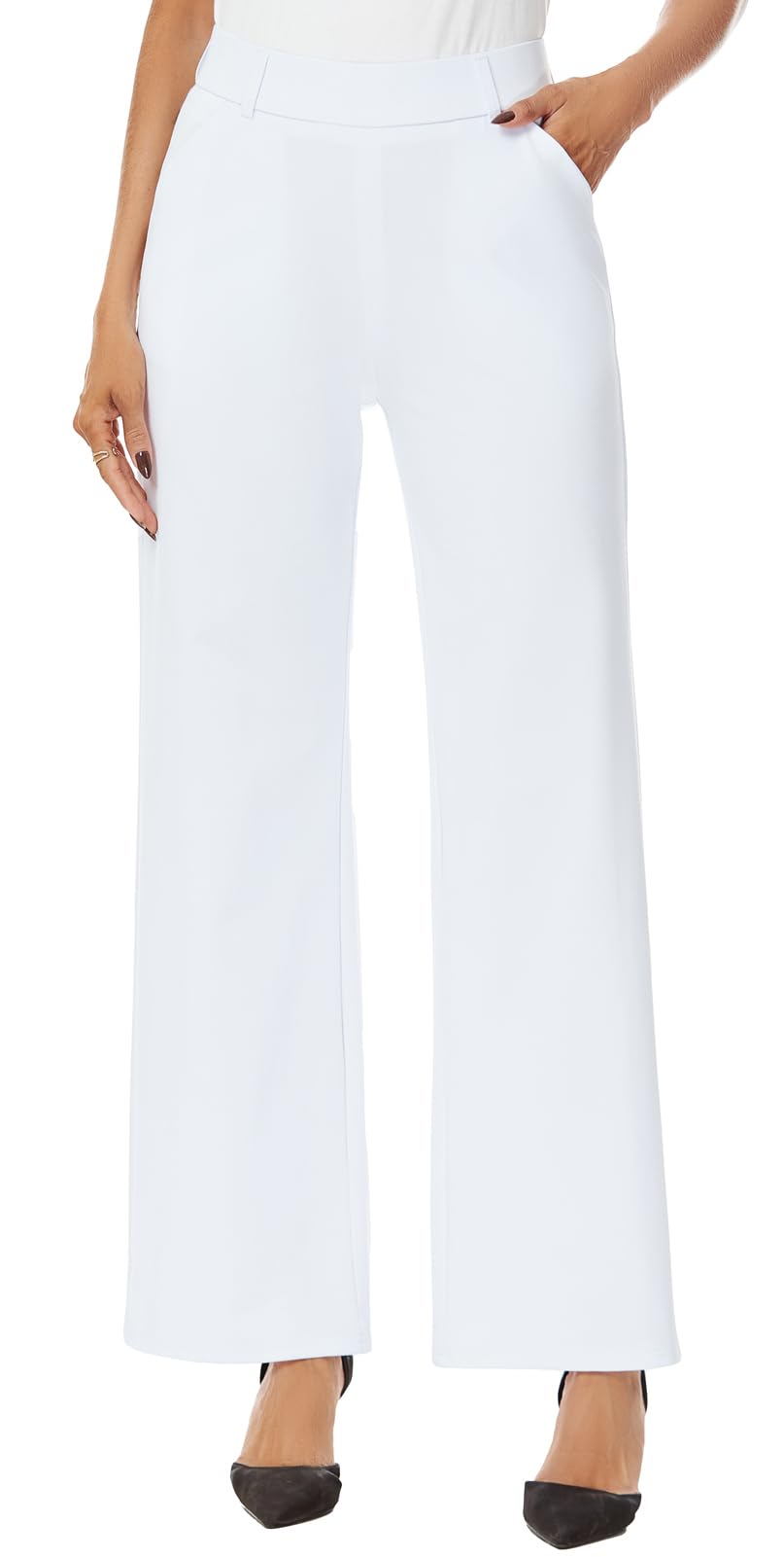 iChosy Womens Wide Straight Leg Pull-On Trousers Casual Slacks Dress Pants with Pockets