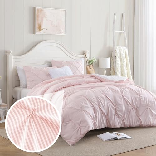 Image of Swift Home King Pinstripe Peach Pink Comforter Set - Classic Pintuck Bedding Set - 3 Pieces Bed Linen, 1 Comforter and 2 Pillow Shams