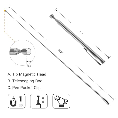 EWK 2 Pcs Telescoping Magnetic Pick-Up Tool with Pocket Pen Clip, Extendable to 25.2