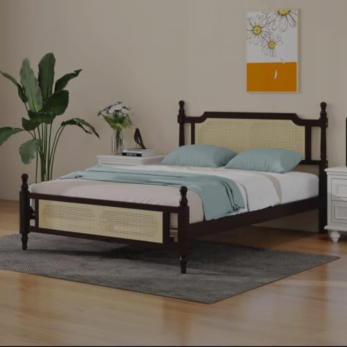 Image of Janghu Furniturewala Solid Sheesham Wood Classic Colonial Bed with Dual Cane Jali Work | Handcrafted Wooden Double Bed with Rattan Headboard & Footboard | Walnut Finish (Queen)