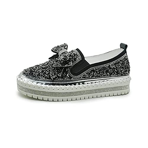 Naisi Women's Rhinestones Glitter Slip On Sneakers Cute Bowknot Platform Walking Loafers Shoes For Girls (Black, Us:6) #TOP20