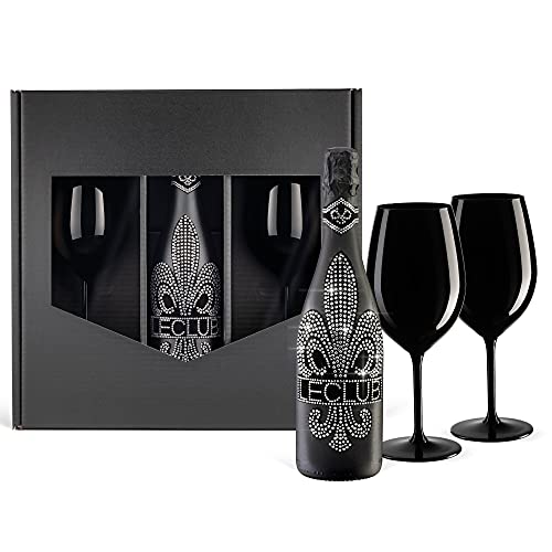 Das Sekt Geschenkset BLING!| LECLUB DIAMOND black- trocken (0,75 l) mit 2 Champagnergläser aus Kristallglas schwarz