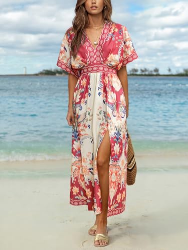 Image of CUPSHE Womens Tropical Floral Maxi Dress V Neck Short Sleeve Smocked Side Slit Dress Summer Vacation Beach Pocket Long Dress