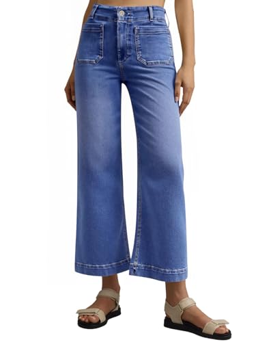 Tankaneo Wide Leg Jeans for Women Trendy High Waisted Flare Stretchy Jeans Cropped Baggy Denim Pants with Front Patch Pockets Royal Blue