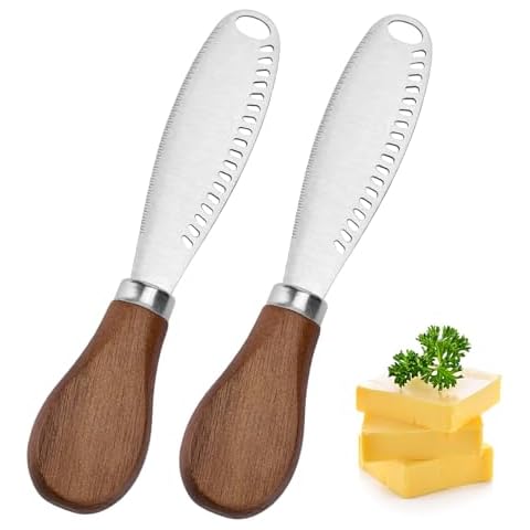 Blingbin 2 Pack Butter Knife, Stainless Steel Butter Spreader Knife with Wooden Handle, 3 in 1 Butter Knives with Serrated Edge, Butter Grater Kitchen Gadgets for Cutting and Spreading Cheese Jam Cover