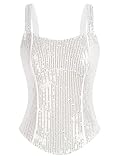 Women Bustier Corset Top Sexy Slim Tank Top Square Neck Sequin Silver White Summer Sleeveless Party L