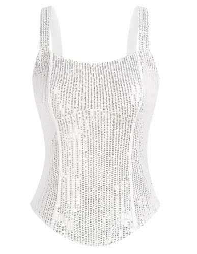 Women Bustier Corset Top Sexy Slim Tank Top Silver White Summer Square Neck Sleeveless Party M