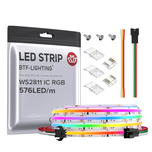 BTF-LIGHTING FCOB COB RGB WS2811 IC Addressable LED Strip DC24V 3m 576LEDs/M 10mm White PCB Chasing Colour Flexible High Density LED Rope IP66 Waterproof for Indoor Decoration(Only LED Strip)