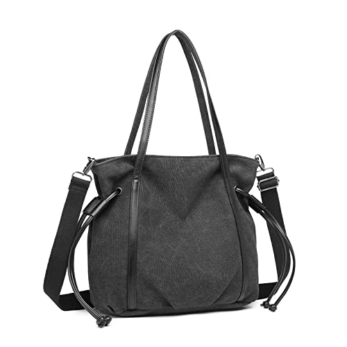 Kono Bolso de lona para mujer, bolso de hombro casual con asa superior, bolso de mensajero cruzado para ir de compras, trabajo, escuela, viajes, Black, Large