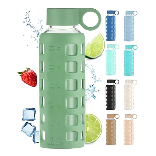 Image of purifyou 40oz / 32oz / 22oz / 12oz Borosilicate Glass Water Bottle with Time & Volume Markers, Silicone Sleeve, Stainless Steel Lid | Reusable Glass Bottle for Water & Juice (12oz Shale Green)