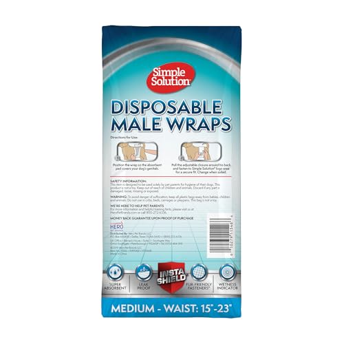 Image of Simple Solution Disposable Male Wraps, Absorbent Leak Proof Belly Bands for Dogs,Incontinence Aid,Puppy Training,Marking Control, and Travel Protection,Medium Dogs, 15-23 inch Waist,30 Count(Pack of 4)