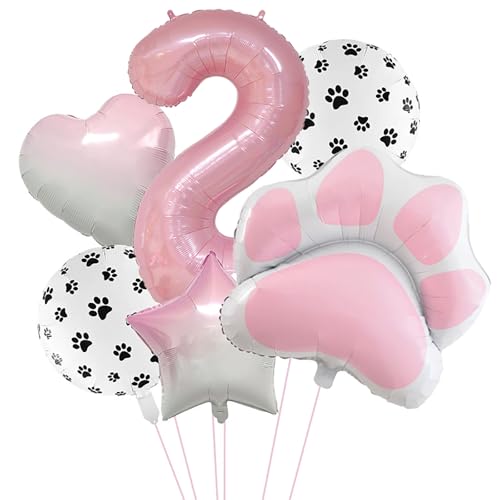 Image of 2nd Birthday Dog Paw Balloons Set,18'' Paw Prints, Heart,Star,Paw Shaped Foil Balloon 40 Inch Pink Number 2 Helium balloons for Puppy Themed Baby Shower Second Birthday Party Decorations Supplies 6PCS