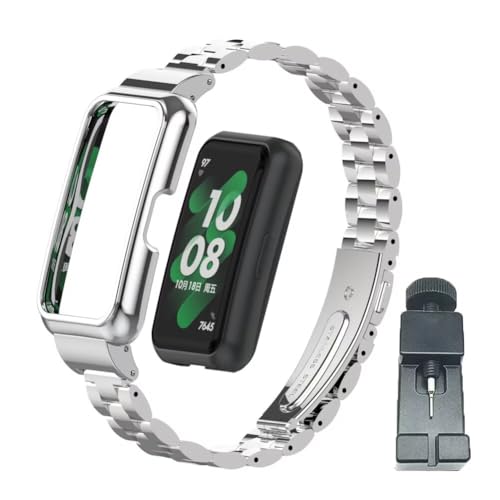 T-BLUER Correas compatibles con Huawei Band 9/8/7 Correa,Acero Inoxidable de Reemplazo de Metal Pulsera con Marco de Metal para Huawei Band 7/8/9 Mujer Hombre Plata