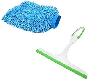 MonySo Pack 2 Wash Mitt Chenille Microfiber Gloves & Rubber Squeegees Wipers Lint Free, Scratch Free, Double Sided, Use Wet or Dry (Random Colors)