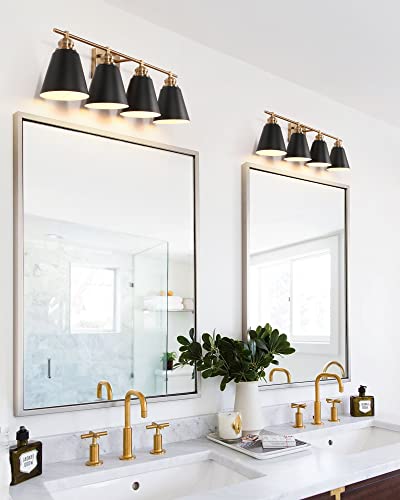 Image of 31.5-Inch 4-Light Farmhouse Bathroom Vanity Light, Black and Gold | Matte black metal shades, white interiors, 4 E26 sockets, 60W max each, dimmable, ETL listed, bathroom mirrors, bedrooms