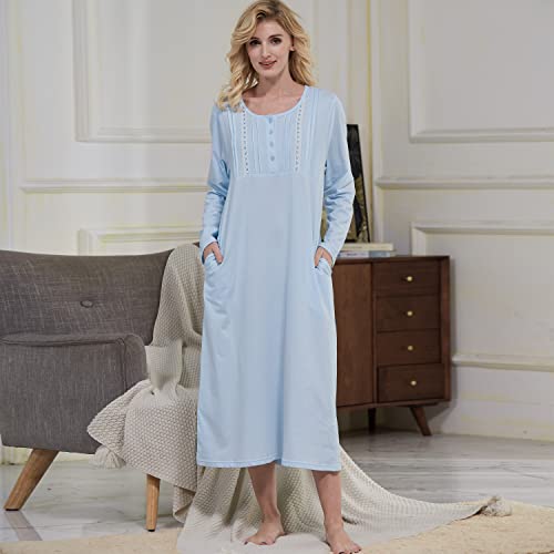 Keyocean Women Nightgowns With Pockets, Soft All Cotton Knit Lightweight Long Sleeve Ladies House Dress, Light Blue, Xx-Large (Xxl) #TOP2