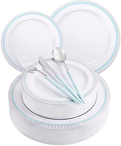 COLOSUS 125pcs Disposable Blue Plastic Plates Silver Plastic Silverware .Light blue dinnerware party set include 25 Dinner Plates 25 Dessert Plates 25 Forks 25 Knives 25 Spoons for 25 Guests