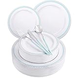 COLOSUS 125pcs Disposable Blue Plastic Plates Silver Plastic Silverware .Light blue dinnerware party