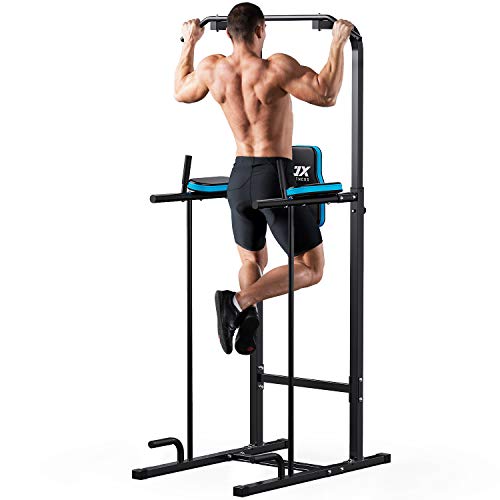 JX FITNESS Power Tower Adjustable Dip Station Pull up Bar Push Up Workout Abdominal Exercise Home Gym Tower Body Building (Black+Blue)