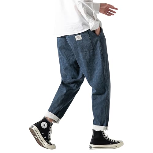 PRIJOUHE Mens Elastic Waist Drawstring Jeans Casual Stretchy Regular Fit Tapered Leg Distressed Jeans Pants2