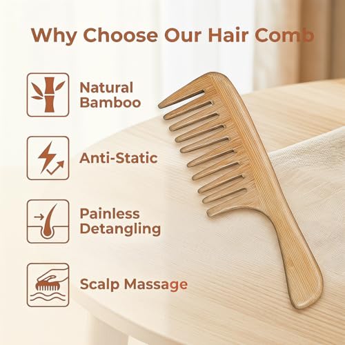 Peine de dientes anchos de bambú para cabello rizado miniatura 3