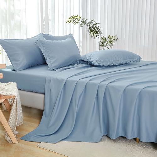 Image of Andency Full Size Comforter Set Grayish Blue -7 Pieces Boho Tassel Bed in a Bag Soft Lightweight Bedding Sets, All Season Fringe Bed Set with Comforter, Sheets, Pillowcases & Shams