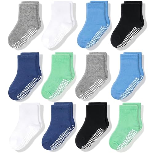 Image of CozyWay Baby & Toddler Socks With Grippers Non Slip Crew Grip Socks for Girls and Boys Soft Comfy Cotton - 12 Pack