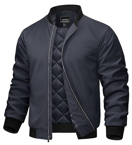 Image of TACVASEN Men's Bomber Jacket Fall Winter Warm Full Zip Windbreaker Jackets | Water-repellent windproof quilted jacket, 3 utility pockets, versatile for fall winter cold weather