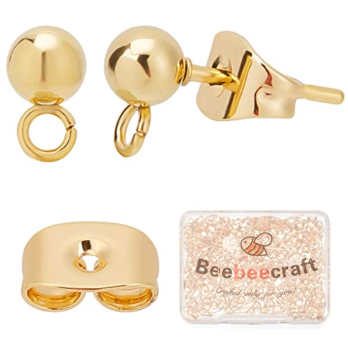 Beebeecraft 100PCS 24K Chapado En Oro Pendientes de Botón Pendientes Postes Pendientes de Botón de Bola con Lazo DIY Joyería Cuelgue la Fabricación de Pendientes (15x7 mm) Cover