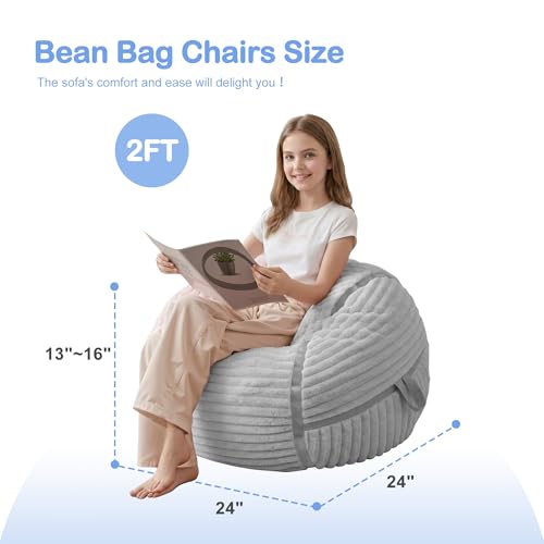 Image of 2FT Bean Bag Chair 2'Bean Bag Chairs with Memory Foam Filled Small Bean Bag | Bean bags with Machine Washable Cover Corded Plush Fabric, Comfy Chairs for Living Room, Bedroom, Dorm, Lightgrey