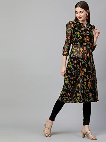Image of GoSriKi Women's Chiffon Angrakha Kurta (KT-COT-10157-BLACK-GO)