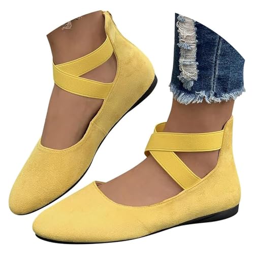 Women's Comfortable Fashion Elastic Ankle Straps Flats Shoes, Flat Shoes Dressy Ballet Flats with Stretch Ankle Straps Square Toe Slip on Walking Shoes Yoga Flat Shoes Slip On Loafers