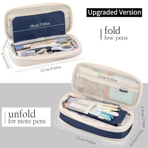 Image of PRANIJ Cute Aesthetic Large Capacity Expandable Pencil Case Pouch with Zipper Portable Office Stationery Desk Organizer for School Collage Boys Girls Adults Women Men (Navy Blue)