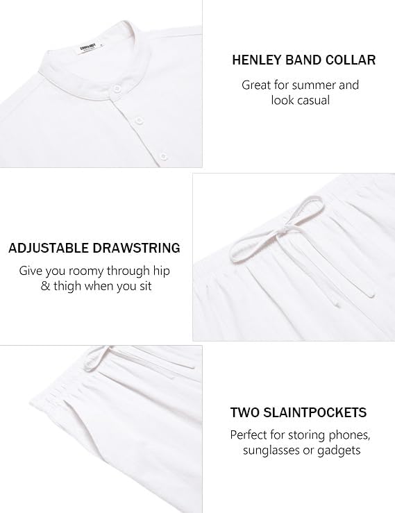COOFANDY Men's 2 Piece Cotton Sets Casual Short Sleeve Henley Shirts and Beach Pants with Pockets Summer Vacation Outfits - Image 5