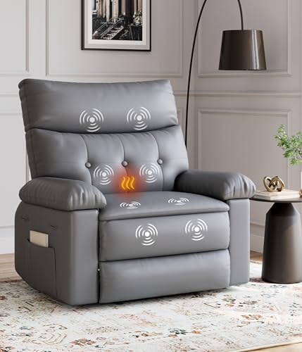 Image of GarveeHome Oversized Wide Recliner Chair - Heat and Massage, PU Leather Extra Wide Manual Recliner for Adults, Large Lazy Chair with 1.5X Sponge Comfort Arm and Back for Living Room, Bedroom
