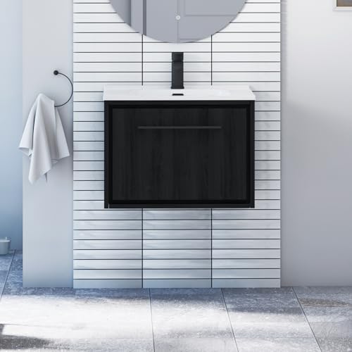 Image of Royal Bathrooms 600mm Wall Hung Bathroom Vanity Unit Ceramic Basin 1 Drawers Storage Cabinet Furniture - Black Woodgrain with Matt Black Handle