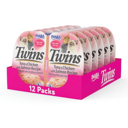 INABA Twins Wet Cat Treat Side Dish, Tuna Chicken Salmon, 12ct | Wild-caught tuna & salmon, Real chicken, High protein, No preservatives, No fillers, Low calorie, Low fat, Grain-free - image 1