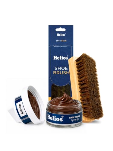 Image of Helios Leather Shoe Cream Polish 48 GM with Applicator & Natural Hair Brush | Shoe Polish for Boots, Bags, Belt & Jacket | Leather Conditioner & Shine Care Kit