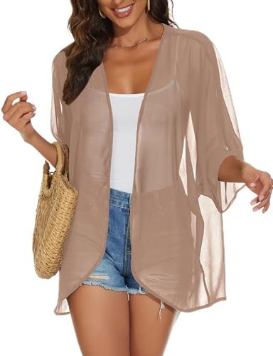 Womens Kimono Cardigans Beach Cover ups Swimwear Puff Sleeve Loose Casual Summer Tops (Lotus Root Pink L)