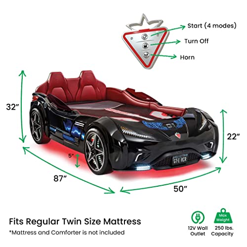 Cilek Twin Size Kids Race Car Bed Frame Remote Control, Led Lights, Ev Sound Fx, Vegan Leather Interior, License Plate, Black #TOP2