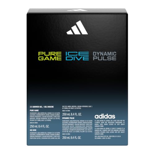 Image of adidas Giftset a Pure Game, Ice Dive and Dynamic Pulse Shower Gel (3x 250ml, 8.4fl oz.), for Him, Notes of Rosemary, Lemon, Peppermint, and Grapefruit, Men's Fragrance, Long Lasting, Sporty Fragrance