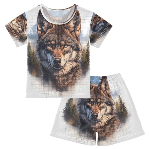 ALAZA Wolf Watercolor Landscape Pajamas Set Short Sleeve Cotton Sleepwear Summer Pjs 2 Piece 5-14Y