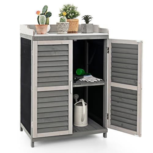HOMASIS Pflanztisch Outdoor wetterfest aus Holz, Gartentisch mit Schrank & Metallplatte, Arbeitstisch mit 2 Regaln & 3 Rolltüren, Blumentisch Holzschrank für Terrasse Garten Balkon, 67x47x100cm, Grau
