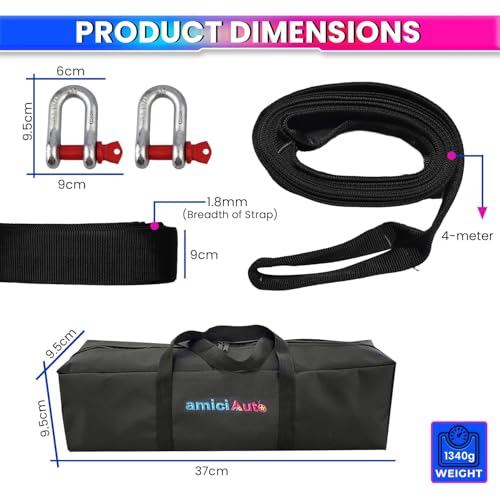 Image of amiciAuto Heavy-Duty 3 Ton Tow Strap - 4m Length, High-Strength Nylon Recovery Strap with Reinforced Loops, Ideal for Vehicle Towing and Off-Road Recovery