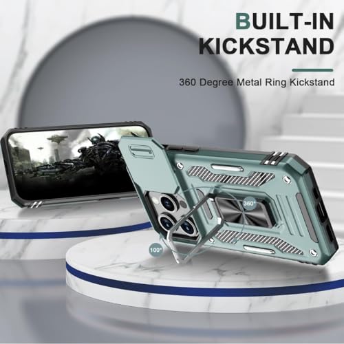 Image of ShieldTech Back Cover Case Compatible for Apple iPhone 15 Pro with Slide Camera Cover & Rotated Ring Kickstand | Military Grade Mobile Phone Cover Case for Apple iPhone 15 Pro (Green)