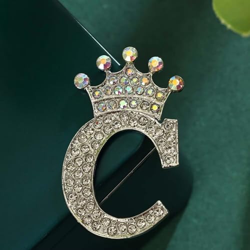 Image of Initial Letter Brooch Pins with Crown for Women Girls Men Boys Personalized Name Brooches Crafts Colorful Rhinestone Brooch Pins Silver A-Z