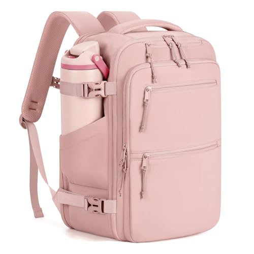 mibasies 30L Travel Backpack for Women & Men: Carry On Luggage Flight Approved TSA Laptop Backpack with Water Bottle Pocket Personal Item Bag Fits 15.6 Laptop for Weekender Business - Pink