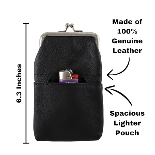 Skyway Leather Cigarette Case for 100\'s Pack Holder with Zipper Pouch for Women - Lighter Storage Pocket - Carry Money, Cards and Coins - Metal Twist Clasp - Black Elegant Stylish Durable