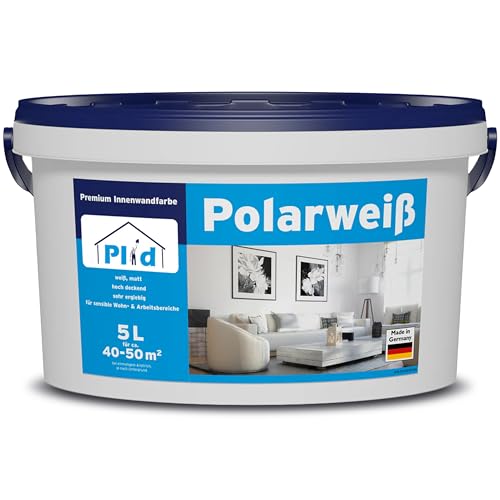 Plid® Polarweiß Wandfarbe Weiß matt 5L [HOHE DECKKRAFT] - Weiße Wandfarbe Polarweiß geruchsarm - Farbe Wand - Weisse Innenfarbe Wall Paint White - Innenfarbe ausbessern weiß - Made in Germany