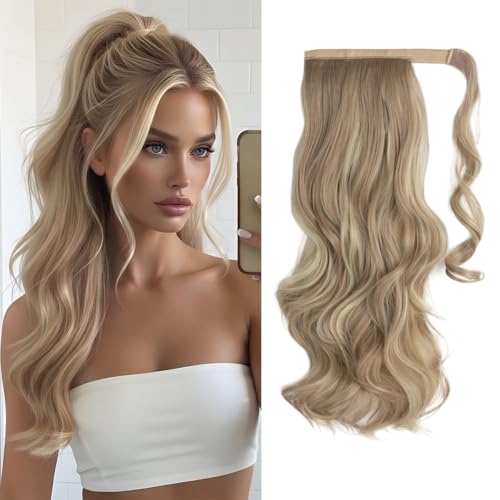 CJL HAIR 18 Long Ponytail Hair Extension Wrap Around Pony Tail Clip in Curly Wavy Synthetic Fake Hairpiece for Women Dirty Blonde